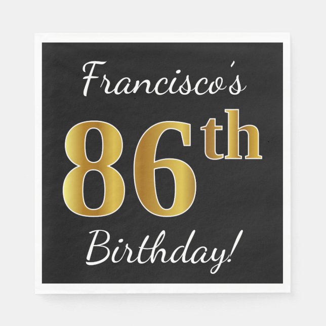 Serviettes En Papier Noir, Faux Or 86e anniversaire + Nom personnalisé (Devant)