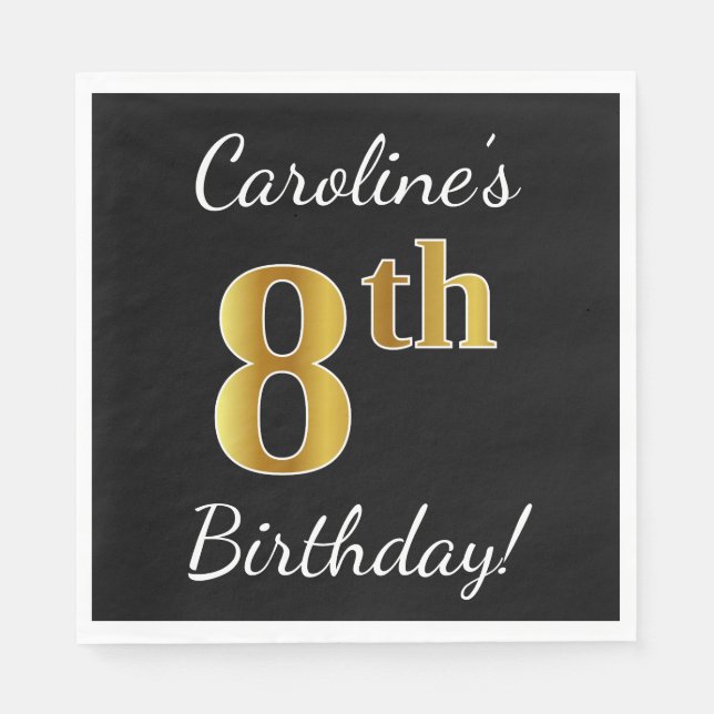 Serviettes En Papier Noir, Faux Or 8ème anniversaire + Nom personnalisé (Devant)