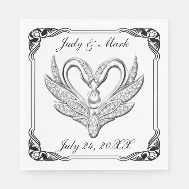 Serviettes En Papier Noir Ruban Swans Argent Papier Napkins (Devant)