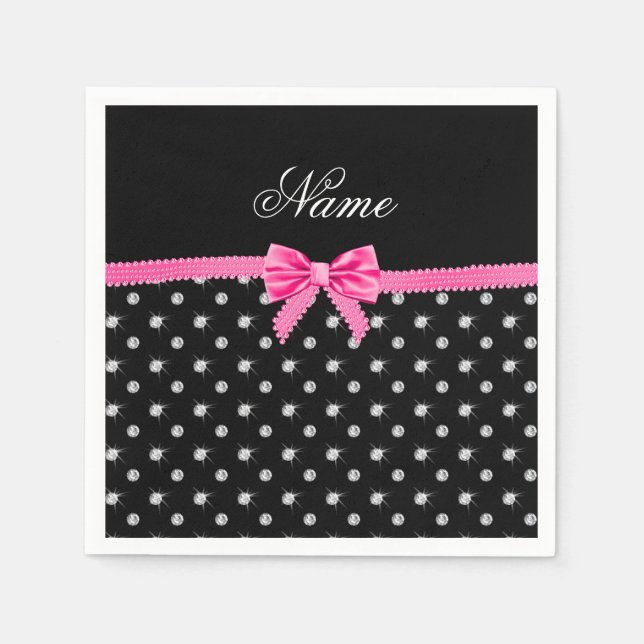 Serviettes En Papier Nom personnalisé noir diamants rose arc (Devant)