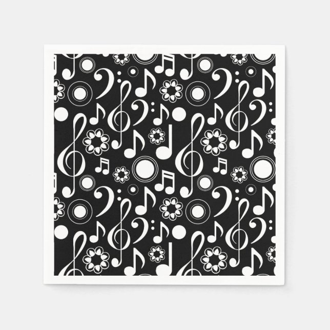 Serviettes En Papier Notes musicales et Clefs - Blanc sur noir (Devant)