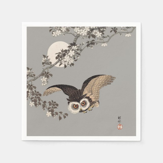 Serviettes En Papier Nuit Japonaise Chouette Lune Bois Coupe Flying Nig (Devant)