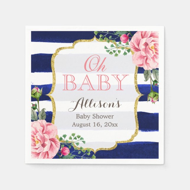 Serviettes En Papier Oh Baby shower Rose Floral Marine Bleu Stripes (Devant)