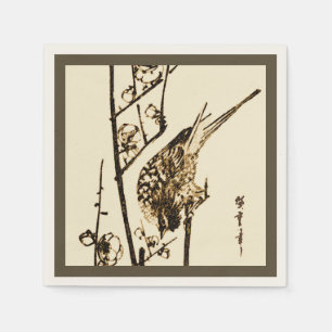 Serviettes En Papier Oiseau japonais sur une branche - Brown et beige