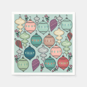 Serviettes En Papier Ornements de Noël Retro Pastel sur Opal Blue