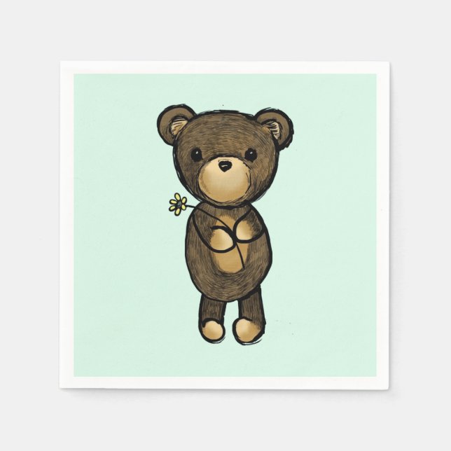 Serviettes En Papier Ours Brown mignon tenant une Fleur Jaune (Devant)