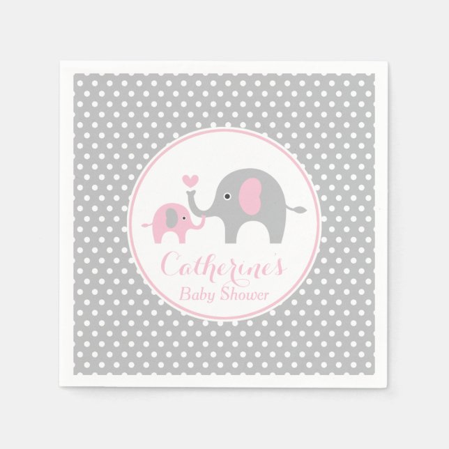 Serviettes En Papier Papier Baby shower rose et gris éléphant Napkin (Devant)