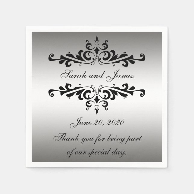 Serviettes En Papier Papier Mariage en Merci noir argenté (Devant)