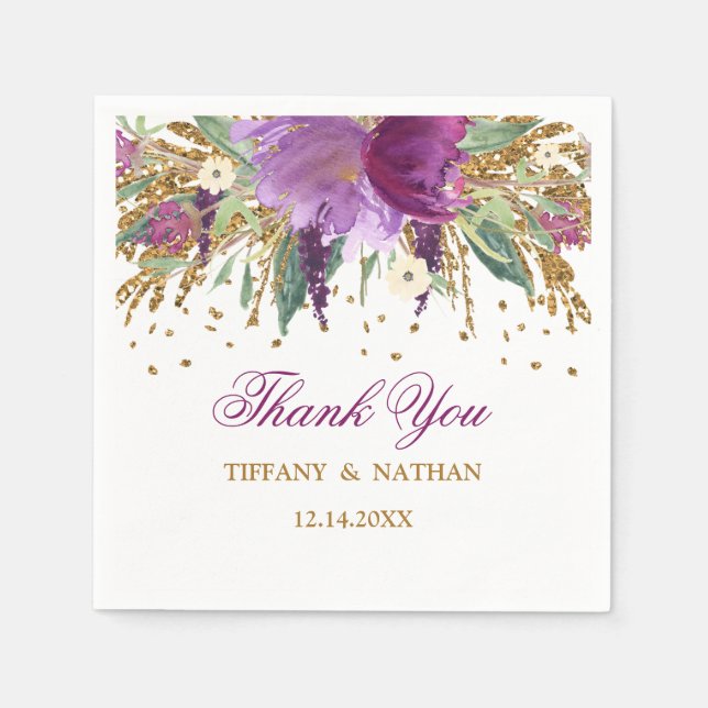 Serviettes En Papier Parties scintillant Florale violet Mariage Améthys (Devant)