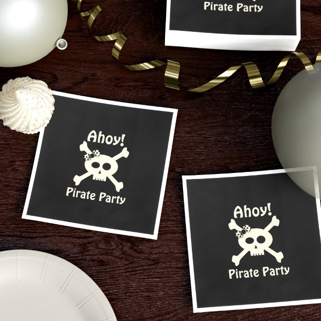 Serviettes En Papier Peau mignon et Crossbones Pirate Noir Serviettes (Ahoy Me Lovelies! Here's cute pirate skull and crossbones with a spotted hair bow paper napkins. )