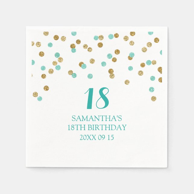 Serviettes En Papier Personnalisé 18e anniversaire Napkin Gold Tuquoise (Devant)