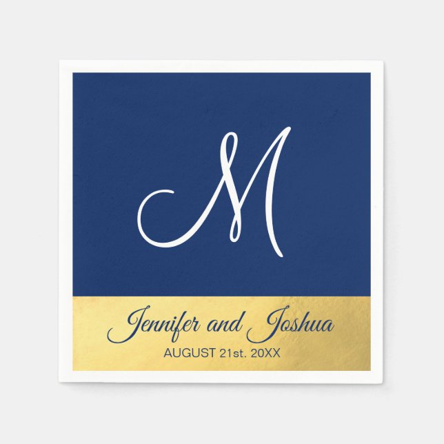 Serviettes En Papier Personnalisé Monogramme Marine Mariage bleu or (Devant)