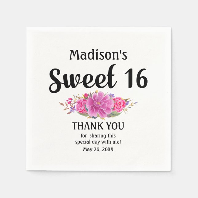 Serviettes En Papier Personnalisé Sweet 16 Sweet sixteen Floral Rose (Devant)