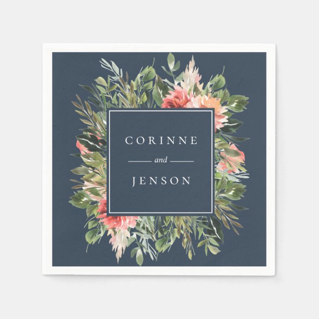 Serviettes en papier personnalisées Floral Navy Ve (Devant)