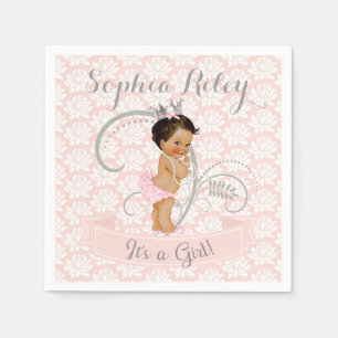 Serviettes En Papier Petite Princesse Bébé Fille Rose Pâle & Argent