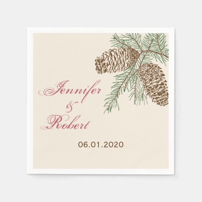 Serviettes En Papier Pine Cone Nature sur Crème Mariage Napkin (Devant)
