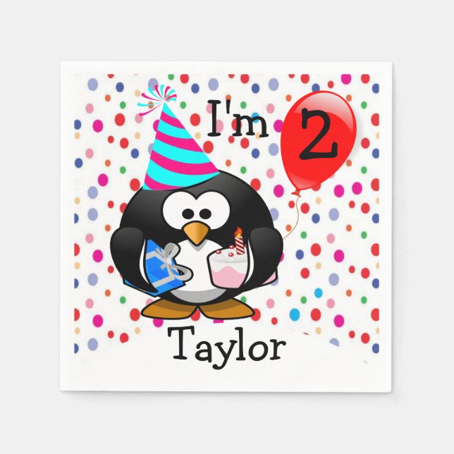 Serviettes En Papier Pingouin de dessin personnalisé 2e fête d'annivers (Devant)