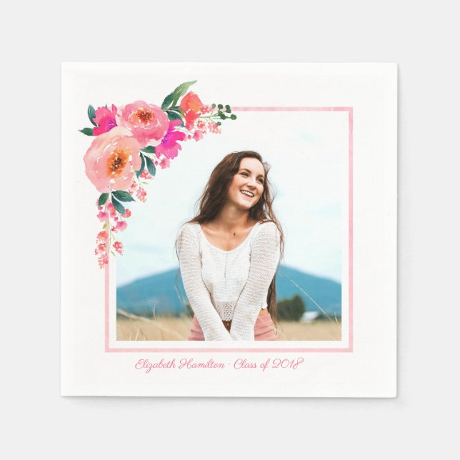 Serviettes En Papier Pink Botanical Floral Graduation Party Photo (Devant)