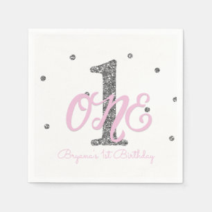 Serviettes En Papier Pink & Silver Girls ONE 1er anniversaire