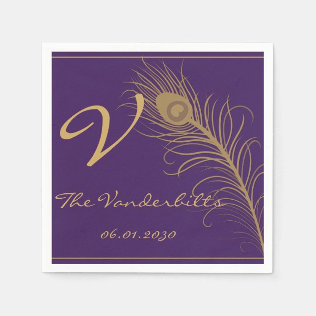 Serviettes En Papier Plume Peacock en or et prune violette (Devant)