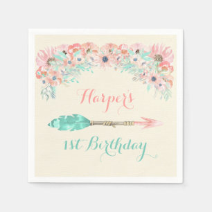 Serviettes En Papier Plumes de flèche aquarelle Fleurs Rose Pêche Menth