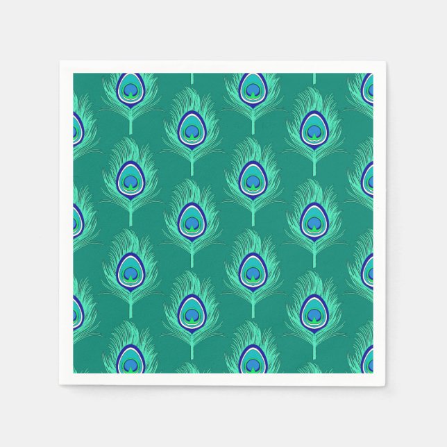 Serviettes En Papier Plumes de paon, Aqua sur Turquoise / Peacock (Devant)
