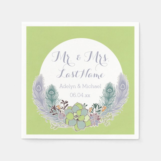 Serviettes En Papier Plumes de Peacock Succulents Papier Mariage servie (Devant)