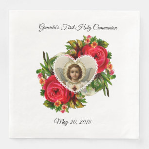 Serviettes En Papier Première Communion Sainte Roses Rouges Croix Jésus