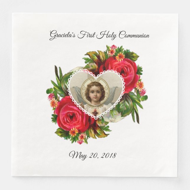 Serviettes En Papier Première Communion Sainte Roses Rouges Croix Jésus (Devant)