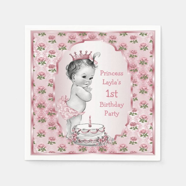 Serviettes En Papier Princesse vintage Roses 1er Anniversaire Gâteau ro (Devant)