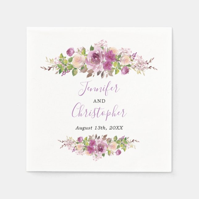 Serviettes En Papier Purple Elegant Aquarelle Floral Mariage Napkin (Devant)