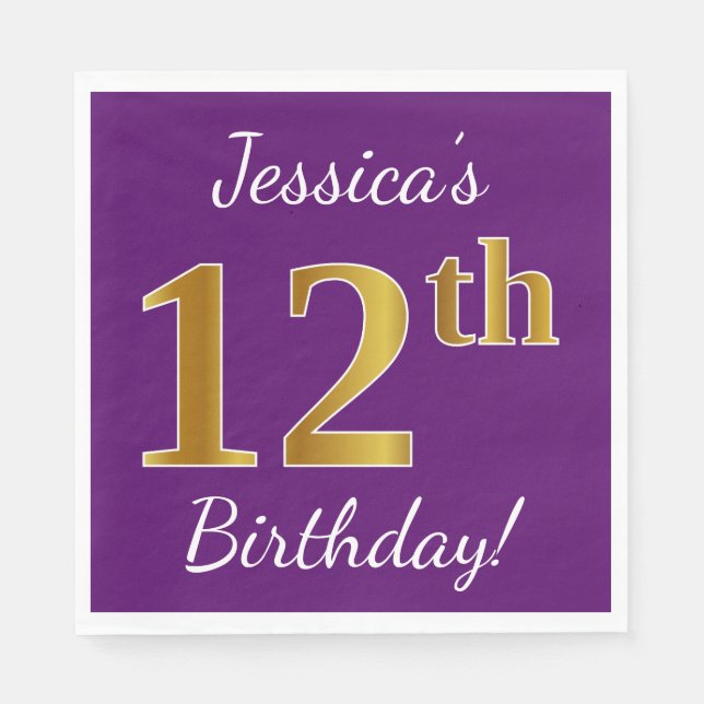 Serviettes En Papier Purple, Faux Gold 12e anniversaire + Nom personnal (Devant)