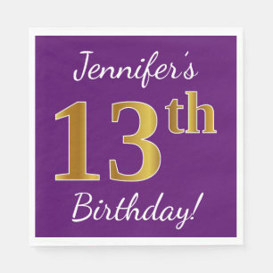 Serviettes En Papier Purple, Faux Gold 13e anniversaire + Nom personnal
