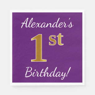 Serviettes En Papier Purple, Faux Gold 1er anniversaire + Nom personnal