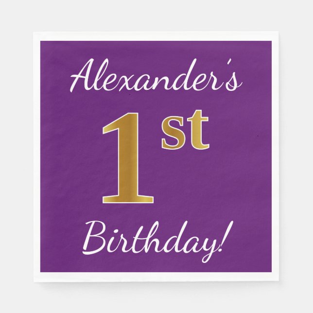 Serviettes En Papier Purple, Faux Gold 1er anniversaire + Nom personnal (Devant)