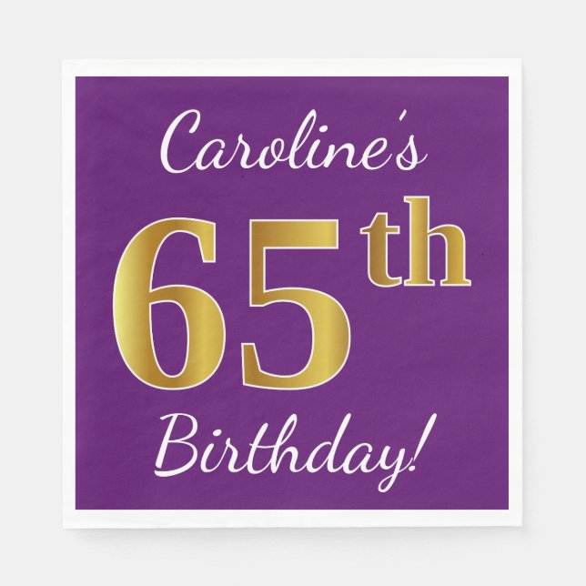 Serviettes En Papier Purple, Faux Gold 65e anniversaire + Nom personnal (Devant)