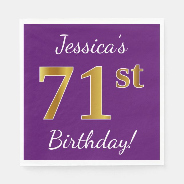 Serviettes En Papier Purple, Faux Gold 71e anniversaire + Nom personnal (Devant)