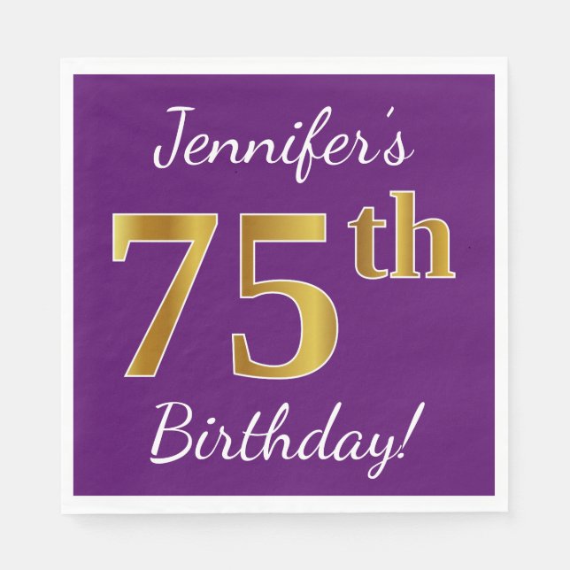 Serviettes En Papier Purple, Faux Gold 75e anniversaire + Nom personnal (Devant)