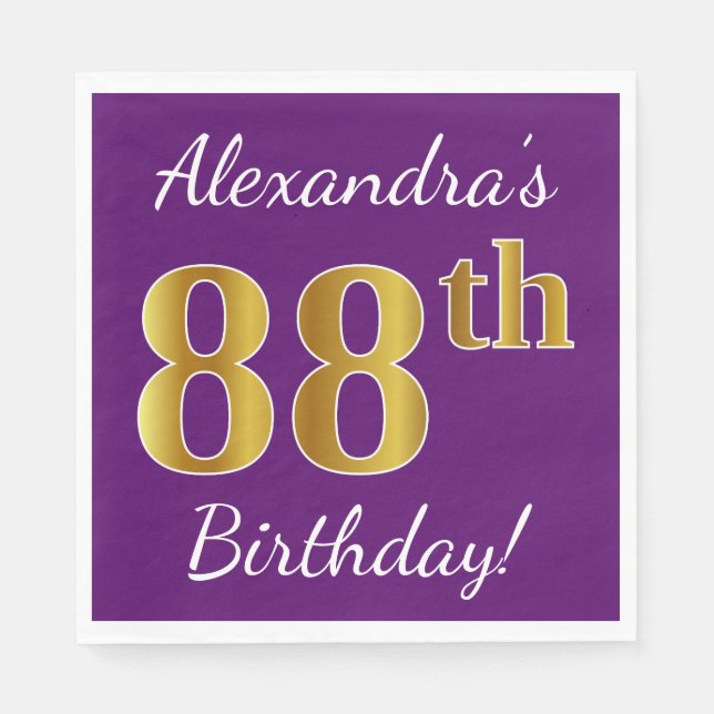 Serviettes En Papier Purple, Faux Gold 88e anniversaire + Nom personnal (Devant)