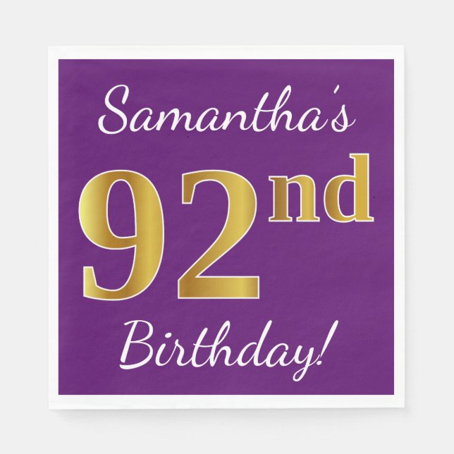 Serviettes En Papier Purple, Faux Gold 92e anniversaire + Nom personnal (Devant)