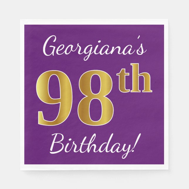 Serviettes En Papier Purple, Faux Gold 98e anniversaire + Nom personnal (Devant)