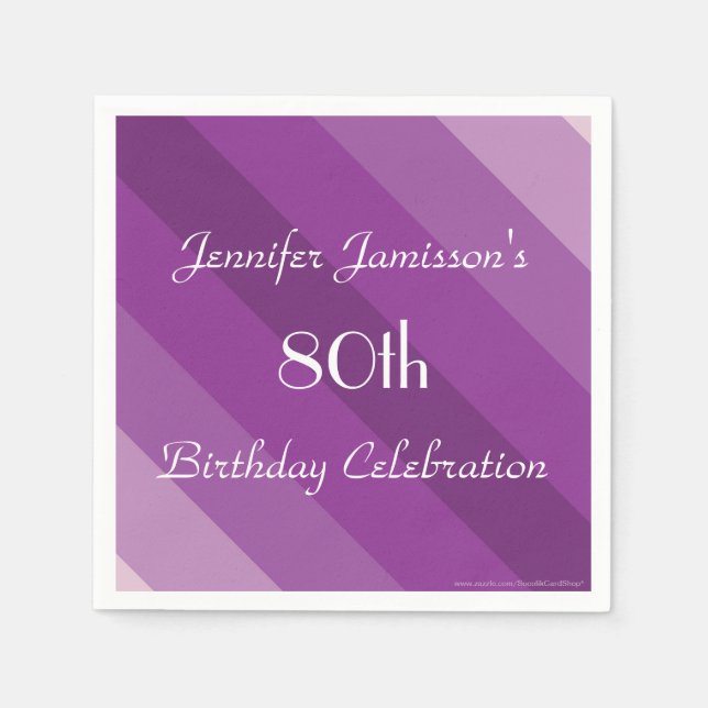 Serviettes En Papier Purple Stripe 80e Anniversaire Papier de fête (Devant)