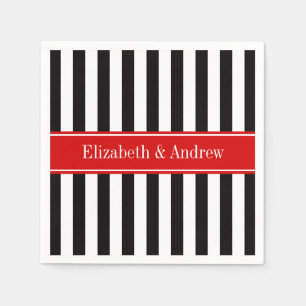 Serviettes En Papier Rayure Noir Blanc Ruban Rouge Nom Monogramme
