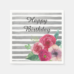 Serviettes En Papier Rayures grises d'aquarelle et fleurs roses