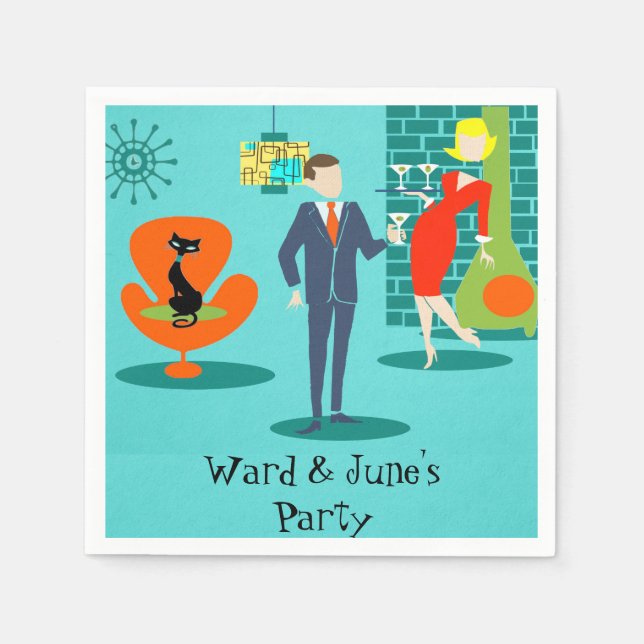 Serviettes En Papier Retro Space Age Cartoon Couple Cocktail Serviettes (Devant)