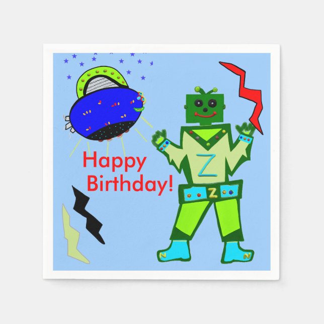 Serviettes En Papier Robot Bleu Cute Boy Navire Anniversaire (Devant)