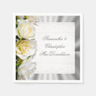 Serviettes En Papier Rose blanche florale et argent mariage