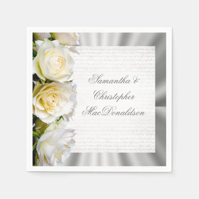 Serviettes En Papier Rose blanche florale et argent mariage (Devant)