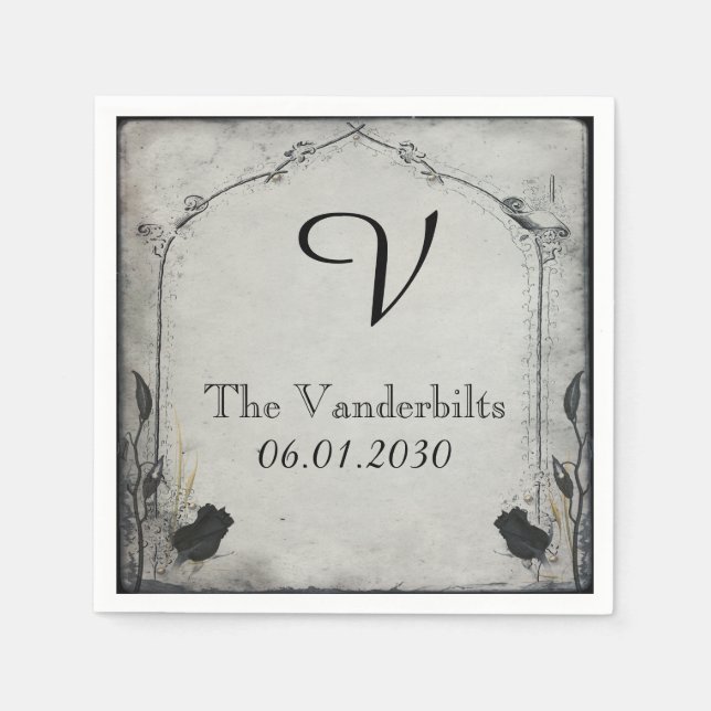 Serviettes En Papier Rose noir gothique Trellis Monogramme Mariage (Devant)