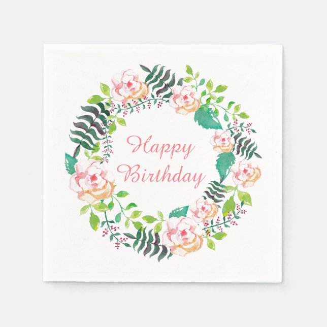 Serviettes En Papier Rose rose Floral Wreath Joyeux anniversaire (Devant)